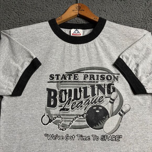 Vintage T-Shirt State Prison Bowling League Ringer Tee Mens Medium Humor - Picture 1 of 11